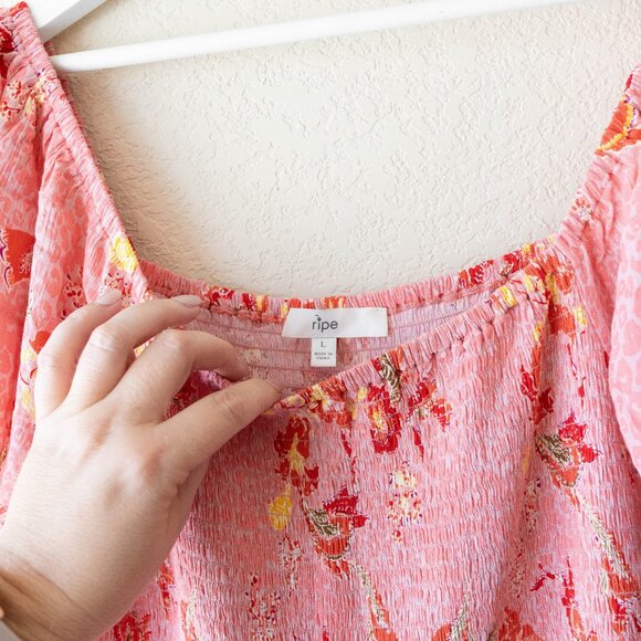 Ripe Maternity Libby Dress Size Large Pink Floral Smocked Flutter Sleeve Midi - Picture 3 of 7